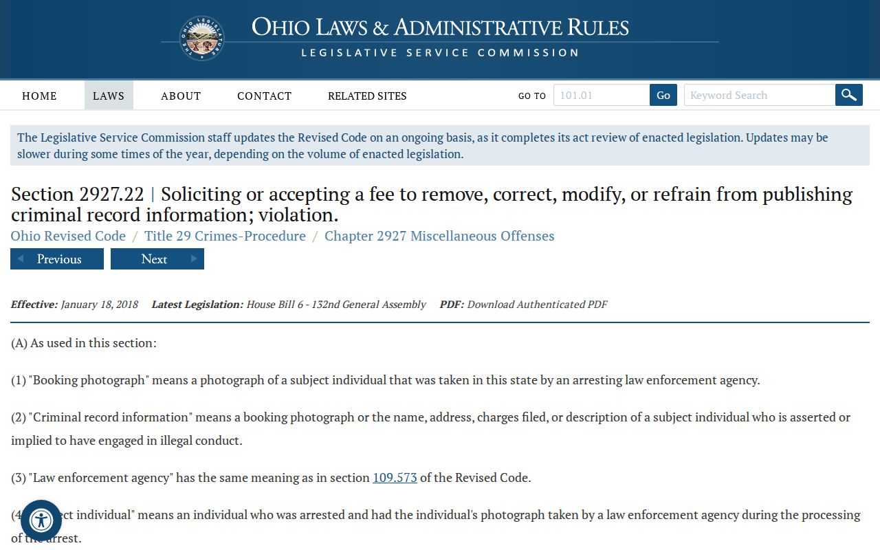Ohio Revised Code 2927.22 booking-photo publication law
