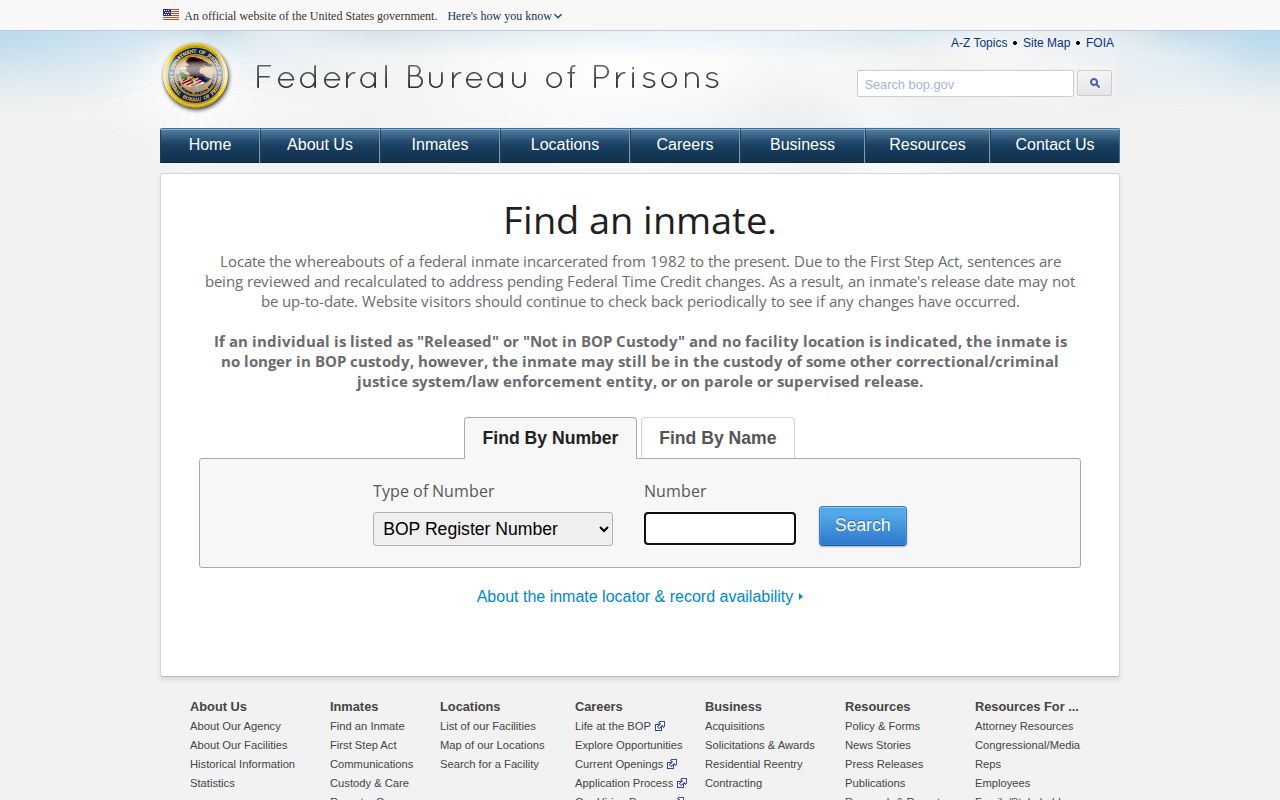 Wood County federal-custody record route, Federal Bureau of Prisons locator