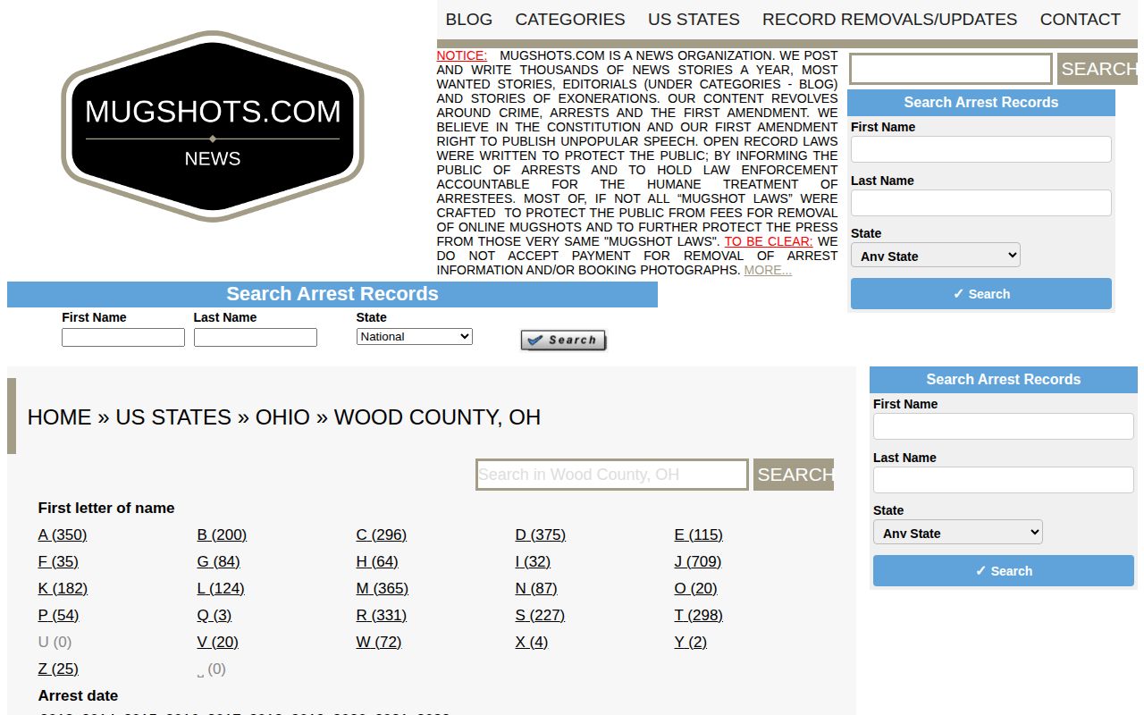 Mugshots.com Wood County page as an unofficial historical record landscape source
