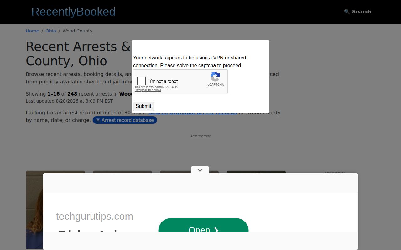 Recently Booked Wood County page as an unofficial booking-record landscape source