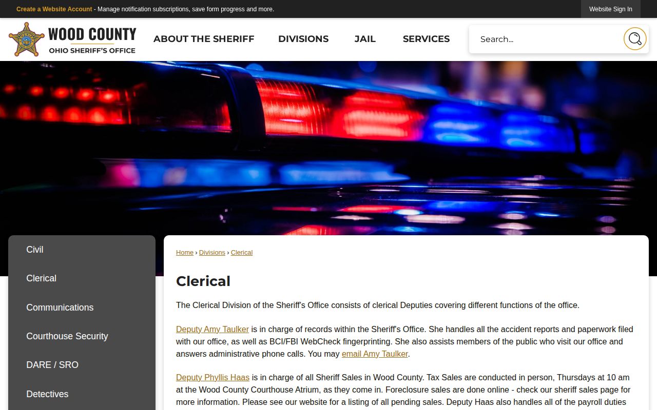 Wood County Sheriff Clerical page for jail booking records